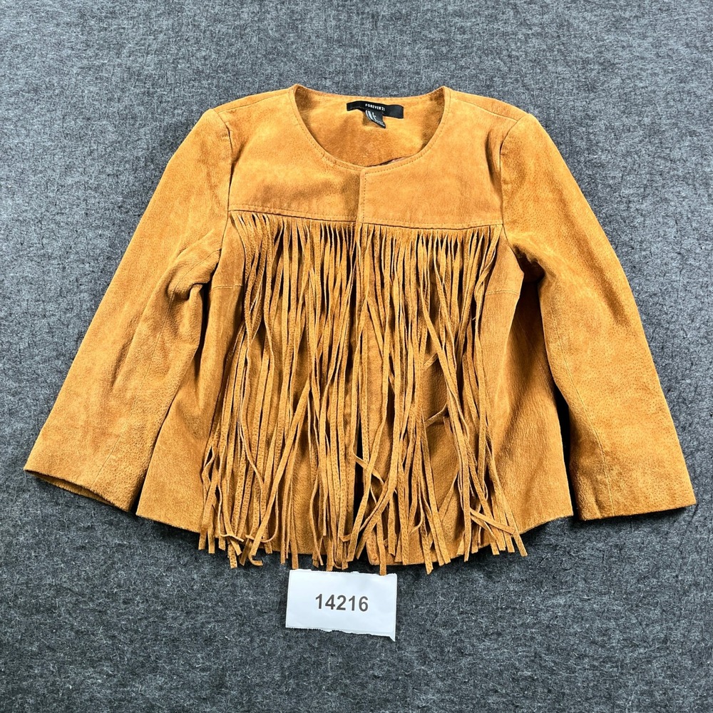 Forever 21 Fringe Jacket Womens Small Brown Pigskin Leather Open Front Outdoor